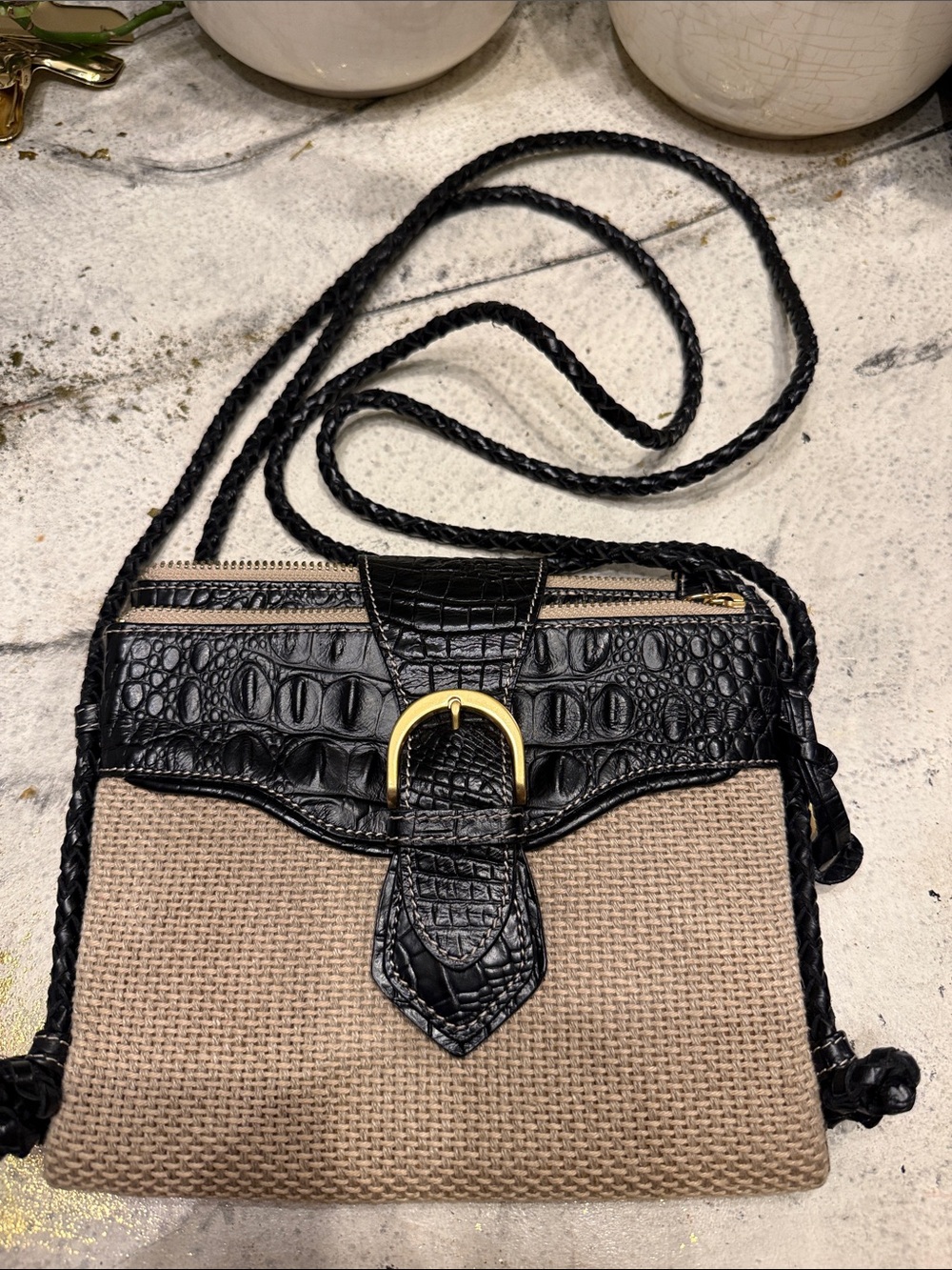 Brahmin Mojito Harbor Croc Embossed Leather Woven Crossbody Purse